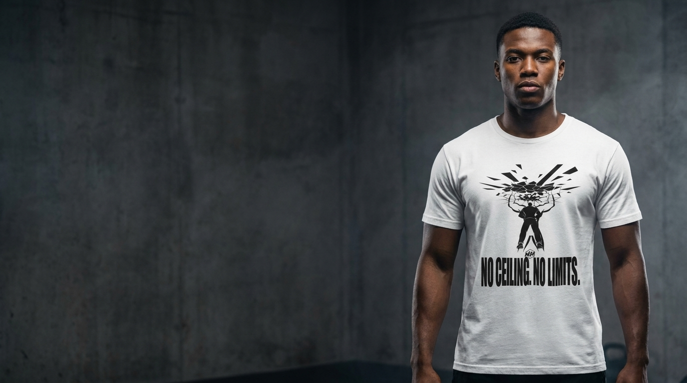 African American athlete in white New Heights Athletic Breakthrough Tee, print centered
