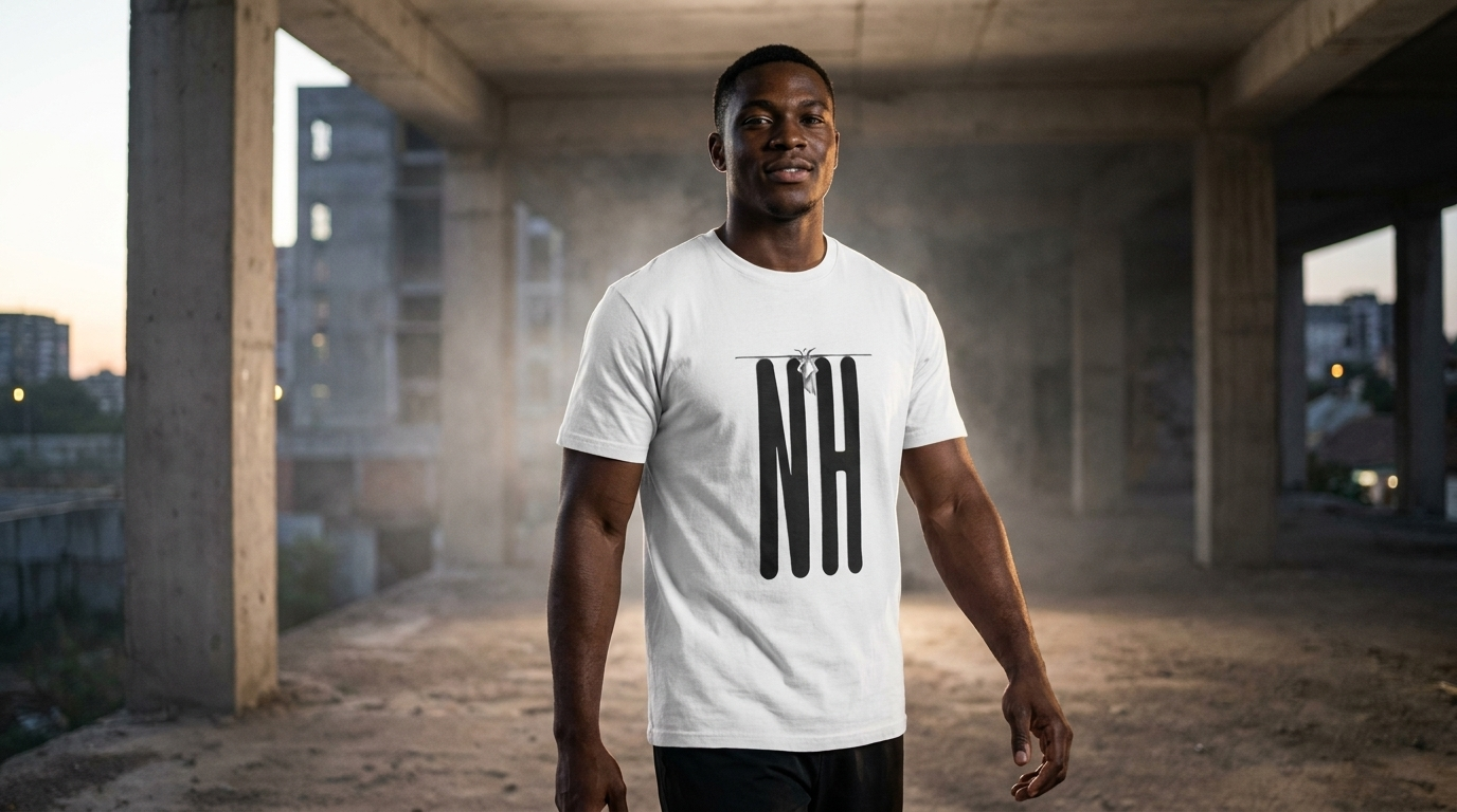Athlete in white New Heights Athletic Logo Tee walking through urban training space