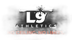 L9 Athletics logo - white wordmark full-bleed, red tagline readable