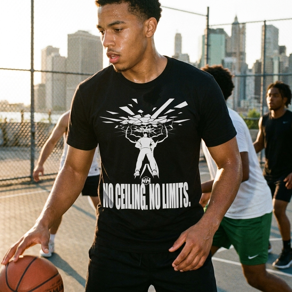 The Breakthrough Tee worn at an outdoor basketball court at golden hour