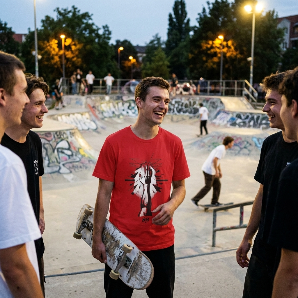 The Reach Tee in red worn at a skate park at dusk