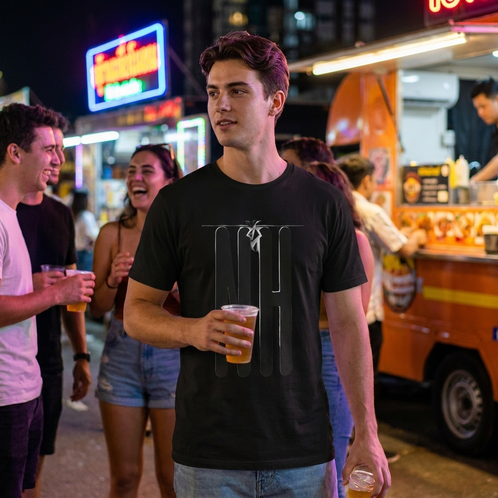 New Heights Athletic Logo Tee worn at a night street-food market