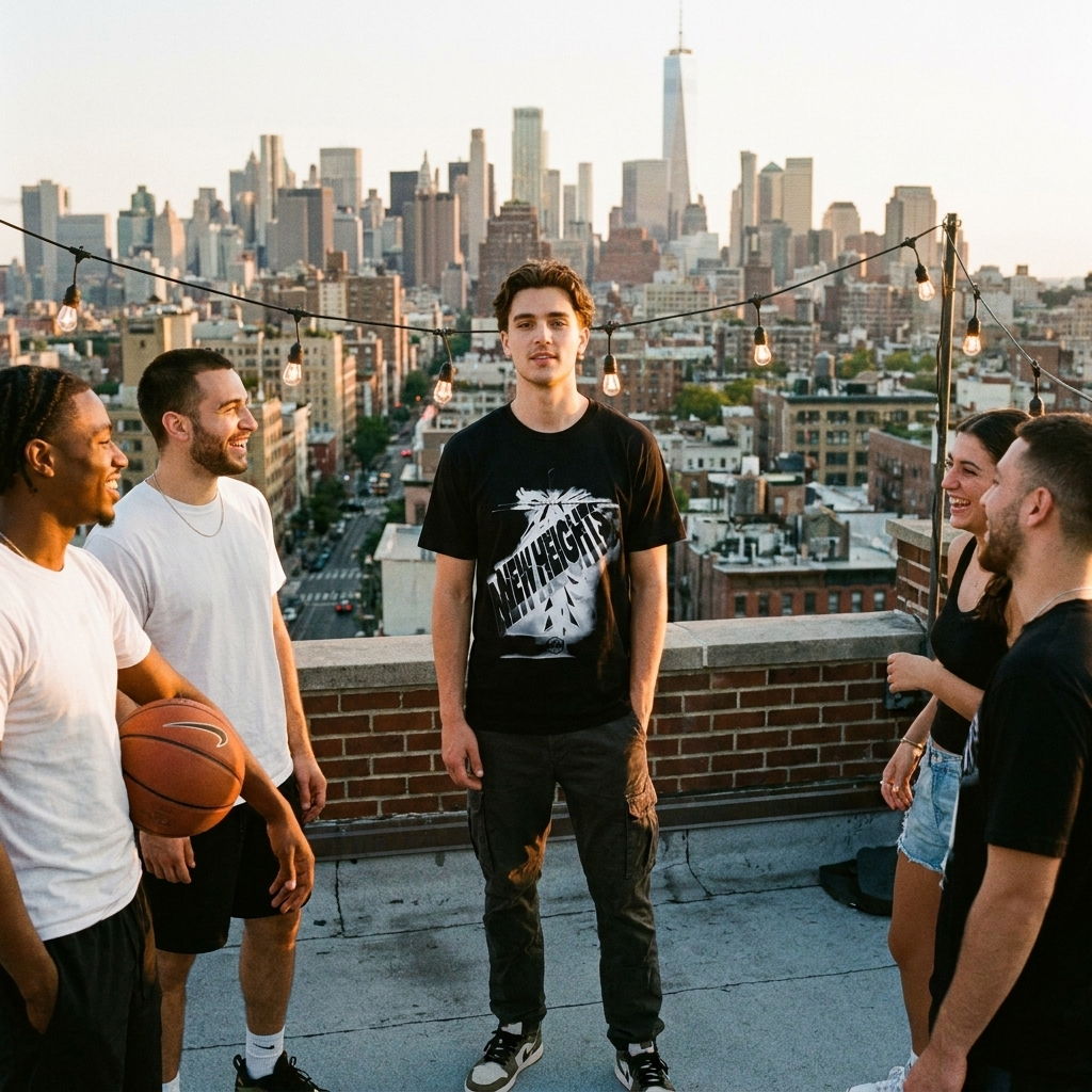 New Heights Shatter Tee worn on a city rooftop at sunset